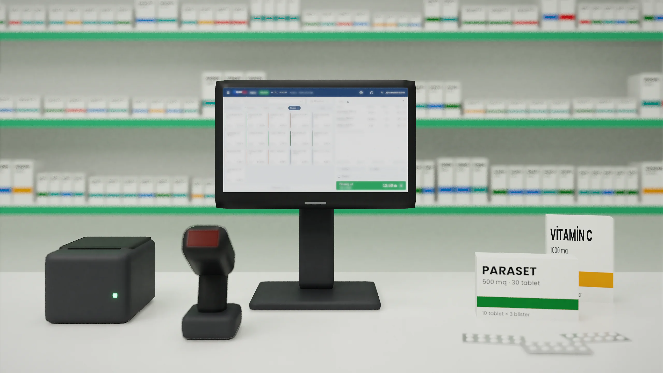 Aptek kassası: SmartBein ekranı, çek printeri, dərman qutusu və blisterlər
